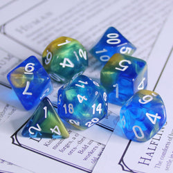 Starry Night Glitter Blue with White Numbering 7-Dice Set RPG (Online Only)
