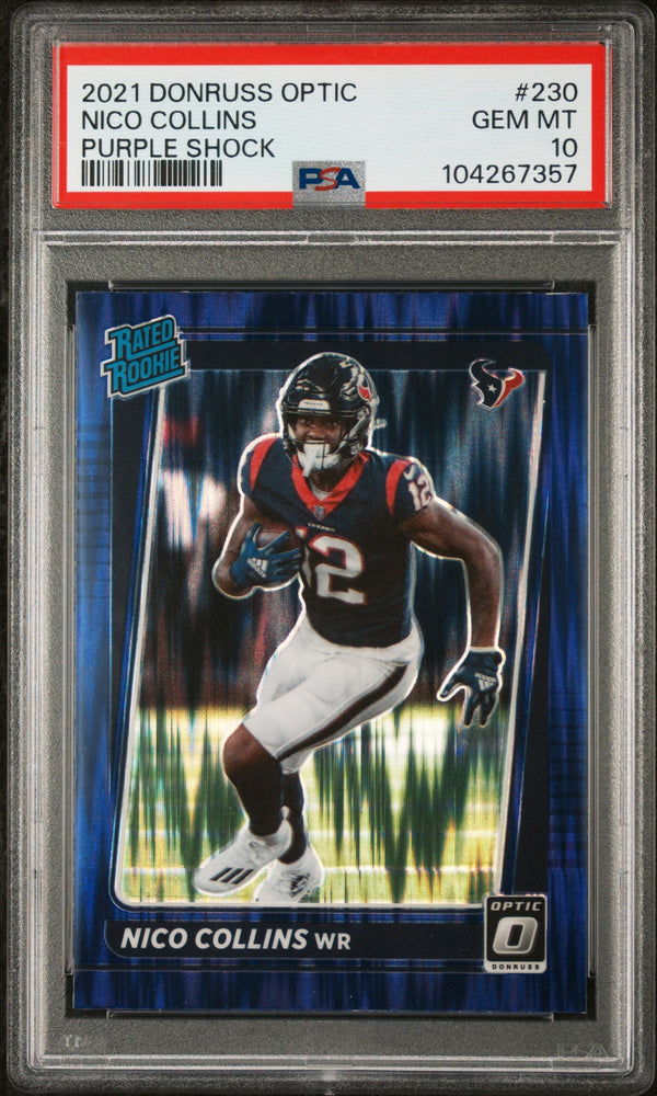 Graded 2021 Panini Donruss Optic Nico Collins #230 Purple Shock Rookie RC Football Card PSA 10 Gem Mint (ONLINE ORDER ONLY)