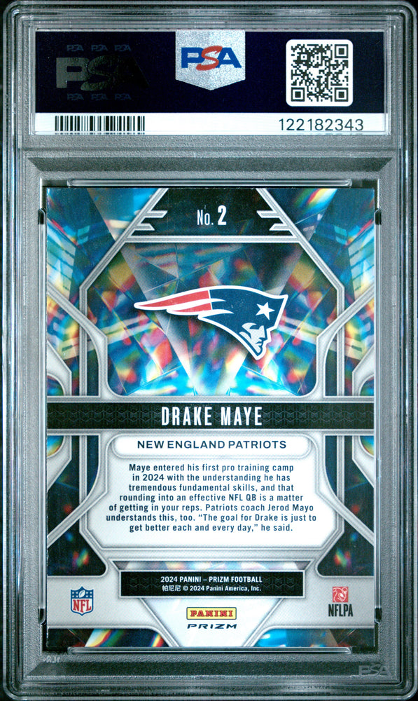 Graded 2024 Panini Prizm Drake Maye #2 Prizmatic Green Prizm Rookie RC Football Card PSA 10 Gem Mint (ONLINE ORDER ONLY)