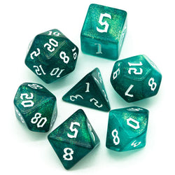 Blue-Green Glitter Party Dice (White font) 7-Dice Set RPG DND (Online Only)