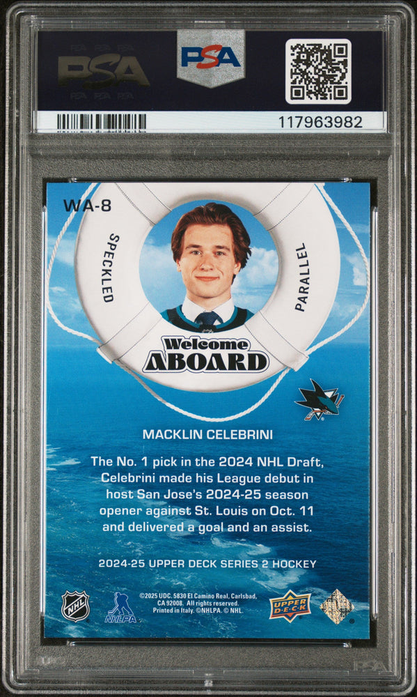 Graded 2024 Upper Deck Macklin Celebrini #WA8 Welcome Aboard Speckle Rookie RC Hockey Card PSA 10 Gem Mint (ONLINE ORDER ONLY)