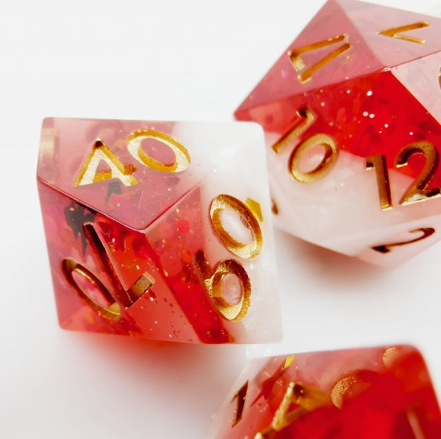 Translucent Red on Opaque White w/Foil Flakes 7-Dice Set Resin Sharp Edge RPG DND (Online Only)