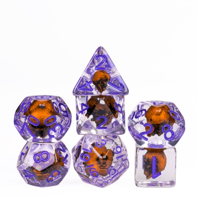 Orange Skull Dice | Clear RPG 7-Dice Set w/ Purple Numbers (Online Only)
