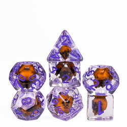 Orange Skull Dice | Clear RPG 7-Dice Set w/ Purple Numbers (Online Only)