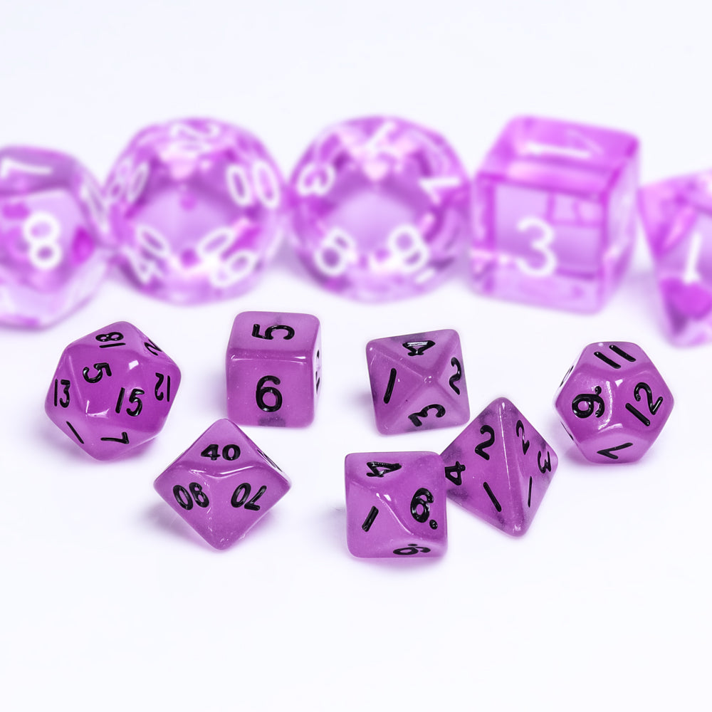 Purple Glow 7-Dice Mini-Dice RPG Set w/Black Numbers Miniature Dice (Online Only)