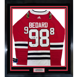 Framed Autographed/Signed Connor Bedard 35x39 Chicago Blackhawks Red Hockey Jersey PSA COA
