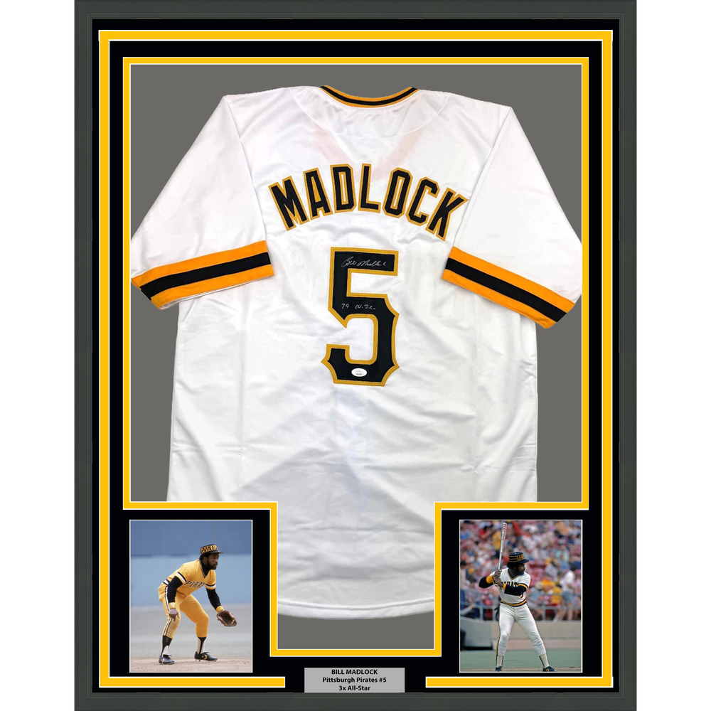 Framed Autographed/Signed Bill Madlock 35x39 Pittsburgh White Baseball Jersey JSA COA