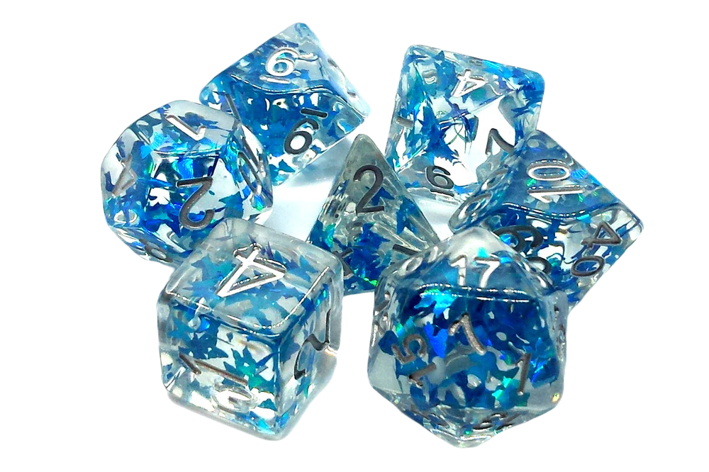 Old School 7 Piece DnD RPG Dice Set: Infused - Blue Butterfly w/ White