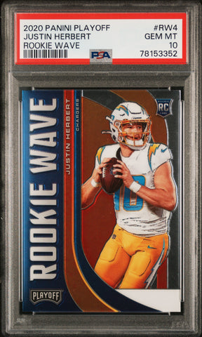 Graded 2020 Panini Playoff Justin Herbert #RW4 Rookie Wave Rookie RC Football Card PSA 10 Gem Mint (ONLINE ORDER ONLY)