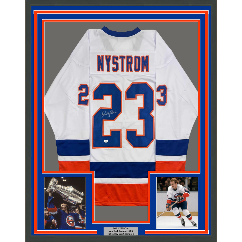 Framed Autographed/Signed Bob Nystrom 35x39 New York White Hockey Jersey JSA COA (ONLINE ORDER ONLY)
