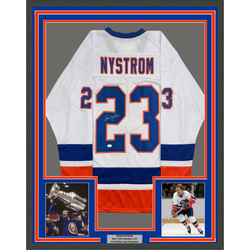 Framed Autographed/Signed Bob Nystrom 35x39 New York White Hockey Jersey JSA COA (ONLINE ORDER ONLY)