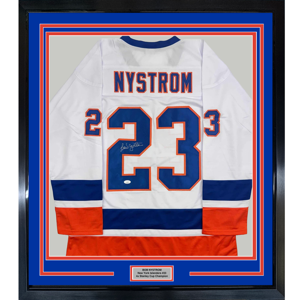 Framed Autographed/Signed Bob Nystrom 35x39 New York White Hockey Jersey JSA COA