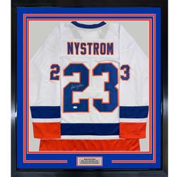 Framed Autographed/Signed Bob Nystrom 35x39 New York White Hockey Jersey JSA COA