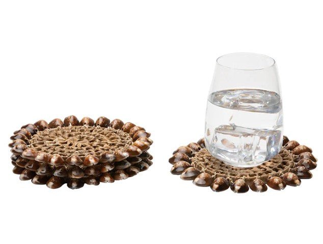 Bondi, Natural Cowrie Shell/Brown Pandan Leaf Round Coasters, Set Of 4 (Online Order Only)