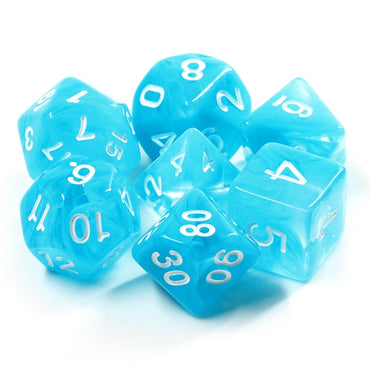 Sky Blue Swirl with White Numbering 7-Dice Set RPG (Online Only)