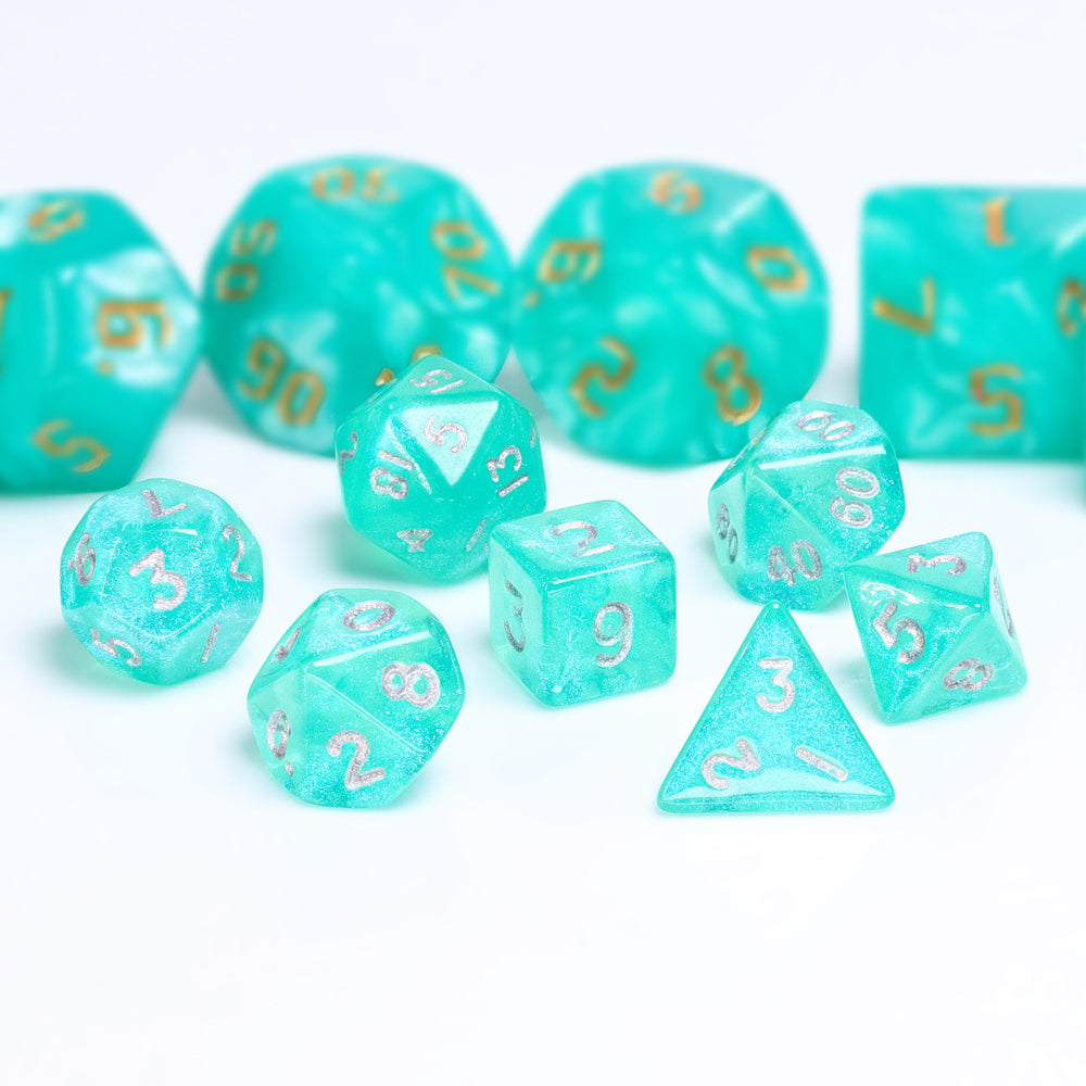Glitter Teal 7-Dice Mini-Dice RPG Set w/Silver Numbers Miniature Dice (Online Only)
