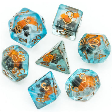 Orange & Grey Flower Dice  7-Dice Set Resin Dungeons and Dragons Dice (Gypsophila / Baby's-Breath) (Online Only)