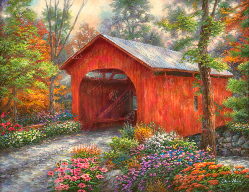 Diamond Art Club – Red Covered Bridge Diamond Painting (Round Drill, 17" x 13") (ONLINE ORDER ONLY)