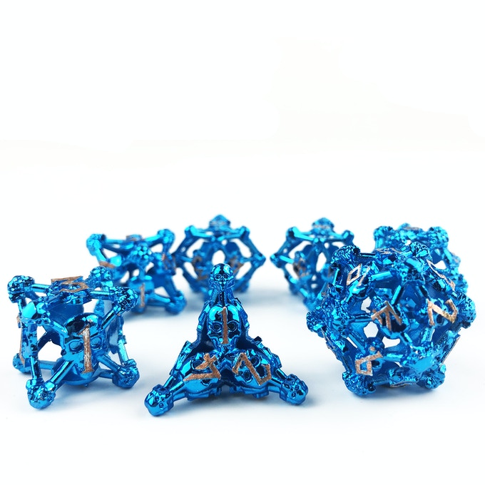 Blue w/Copper Deadly Skull Dice Hollow Metal 7-Dice Set (Online Only)