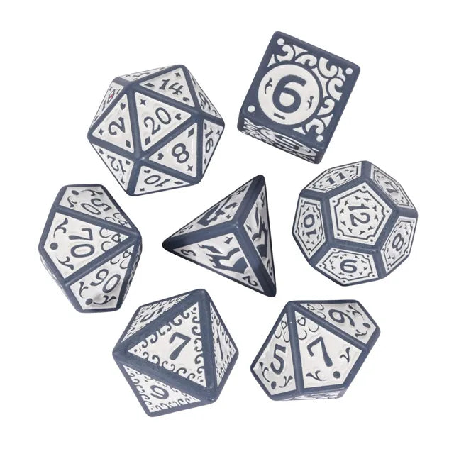 Grey with White Irregular Pattern Fill: 7-Piece Acrylic Dice Set (Online Only)