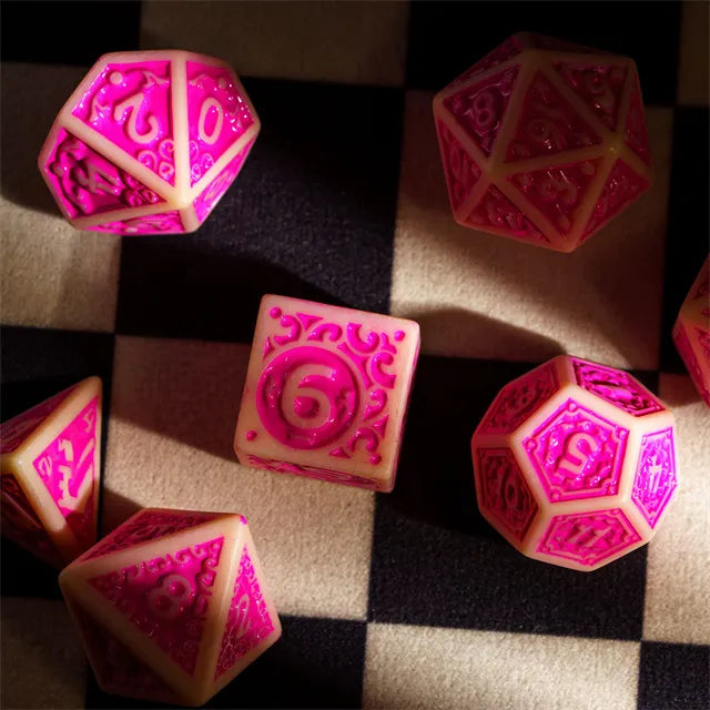 Off-White with Pink Irregular Pattern Fill: 7-Piece Acrylic Dice Set (Online Only)