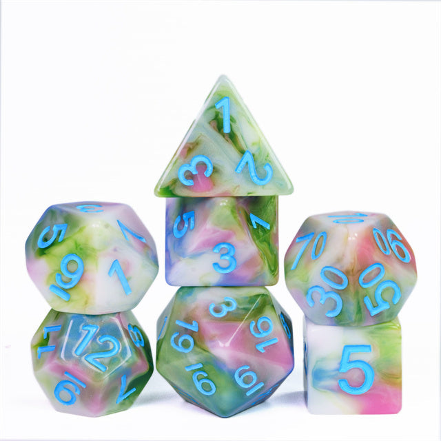 Earthly 4-Color 7-Dice Dnd Dice | Green White Green w/Blue Numbers Set (Online Only)