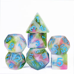 Earthly 4-Color 7-Dice Dnd Dice | Green White Green w/Blue Numbers Set (Online Only)
