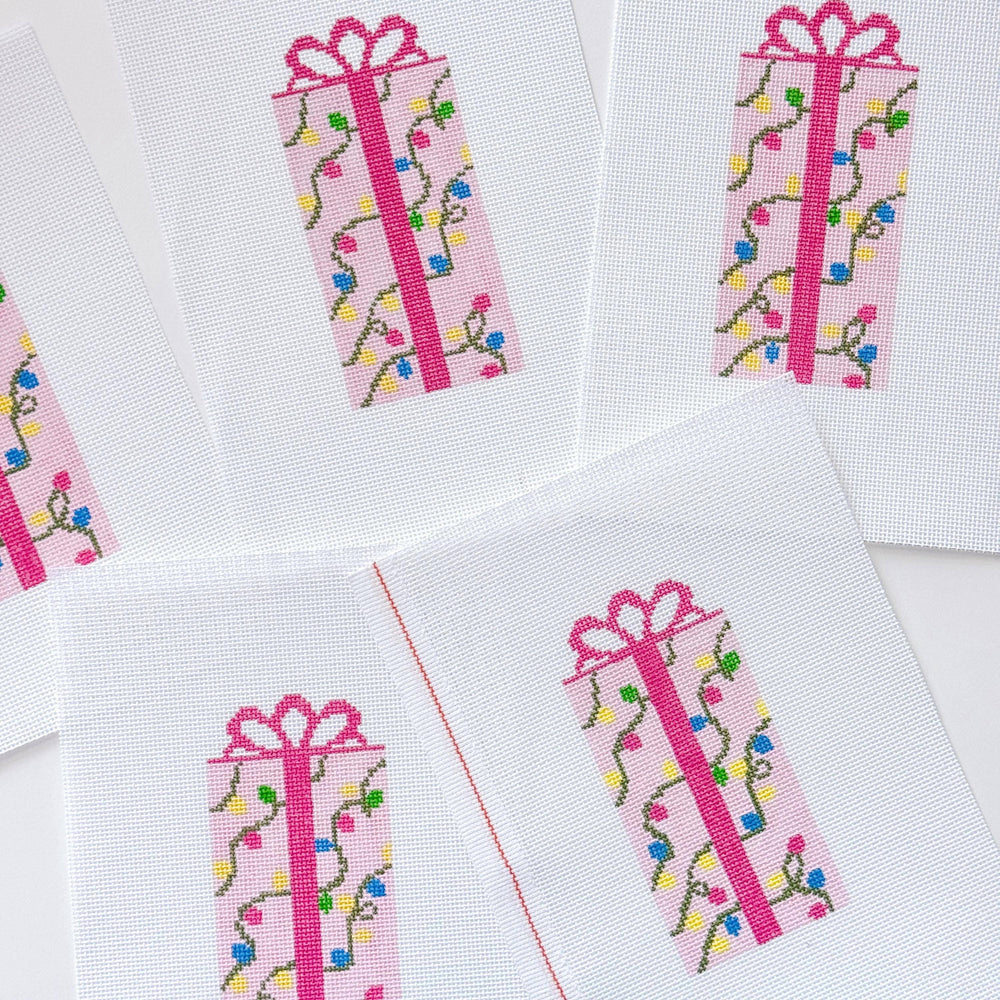 Cotswold Co Designs - Pink Present Christmas Needlepoint Canvas 18 Mesh 2.5”x5” Design, Bow Christmas Needlepoint Ornament, Modern Needlepoint (ONLINE ORDER ONLY)