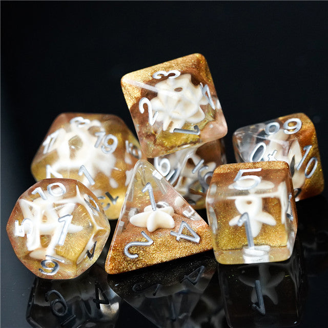 White Starfish Dice on Gold 7-Dice Set Resin Dungeons and Dragons Dice (Online Only)