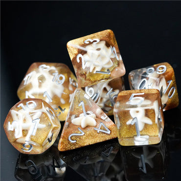 White Starfish Dice on Gold 7-Dice Set Resin Dungeons and Dragons Dice (Online Only)