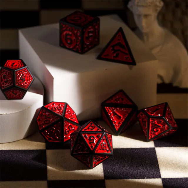 Black with Red Irregular Pattern Fill: 7-Piece Acrylic Dice Set (Online Only)