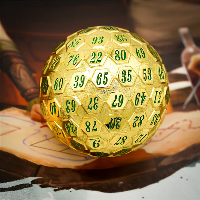 Golden Metal d100 w/ Green Numbers Dungeons and Dragons RPG (Online Only)