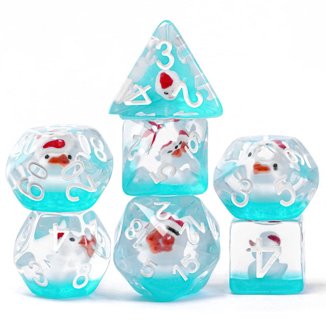 White Duck Red Hat on Blue 7-Dice Set w/White Numbers Dnd Dice Set (Online Only)