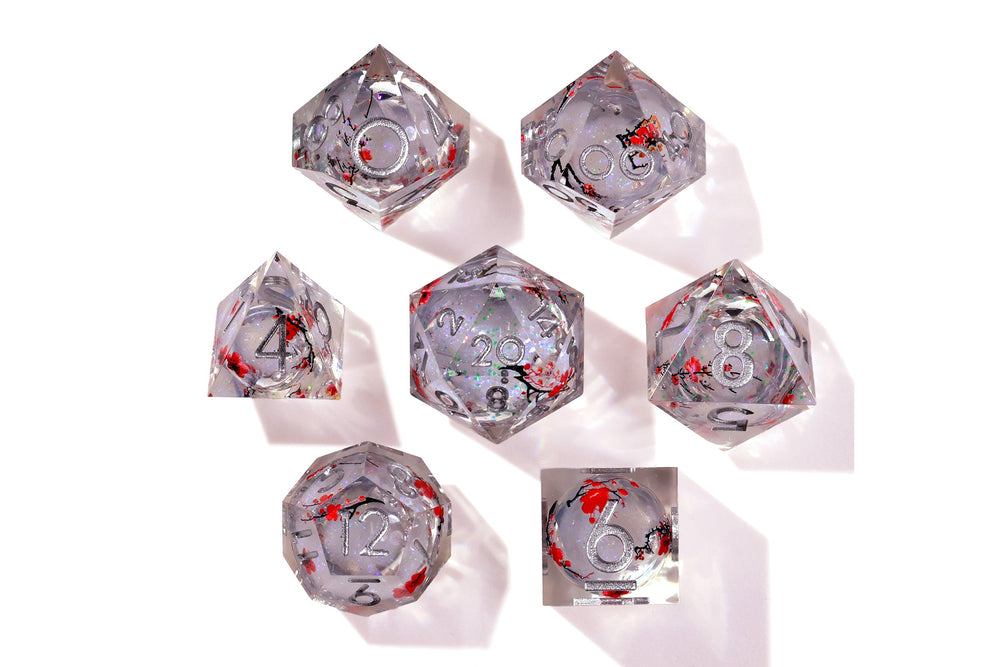 Winter Cherry Blossom Liquid Core RPG Dice Set | 7 Pieces