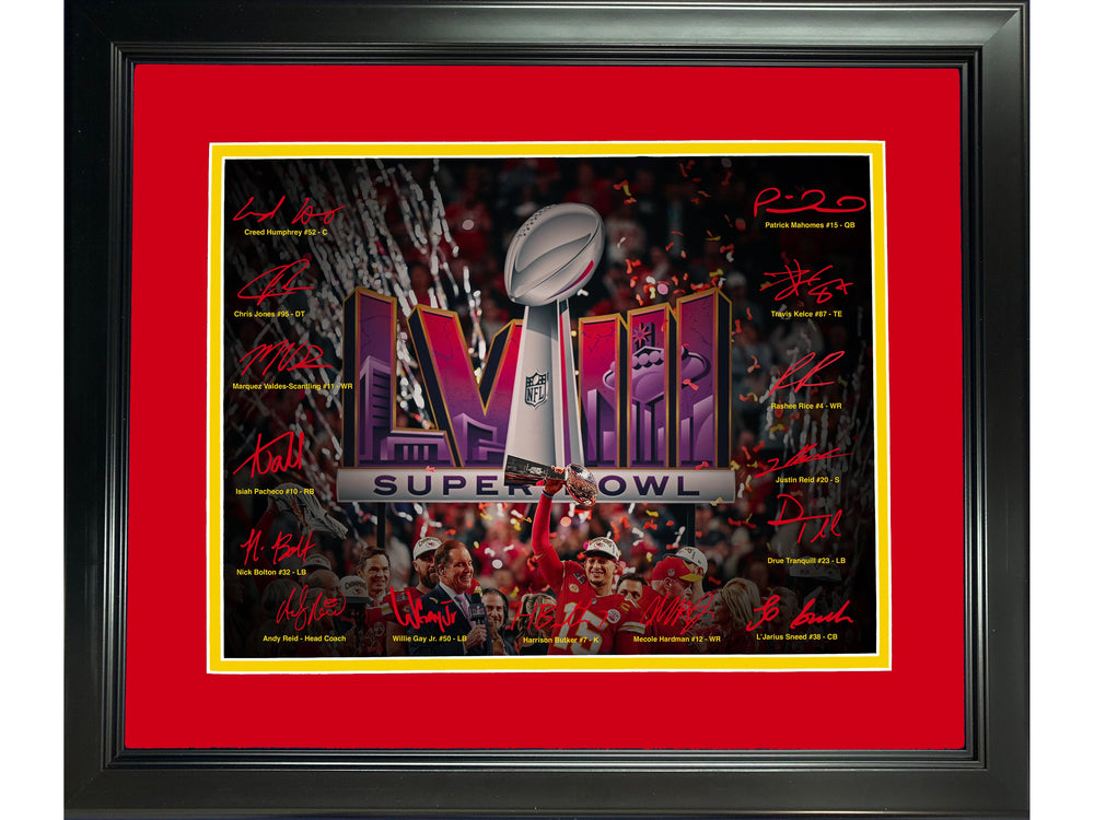 Framed Kansas City Chiefs Super Bowl LVIII Champions Facsimile Signature Team Auto 11"x14" Football Photo (ONLINE ORDER ONLY)