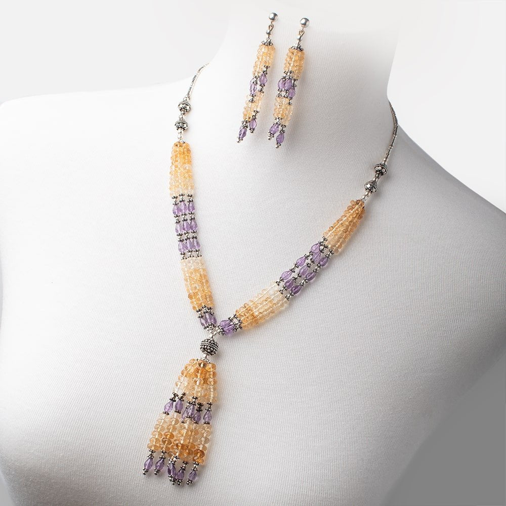 Citrine and Pink Amethyst Antiqued Silver Necklace and Earring Set (ONLINE ORDER ONLY)