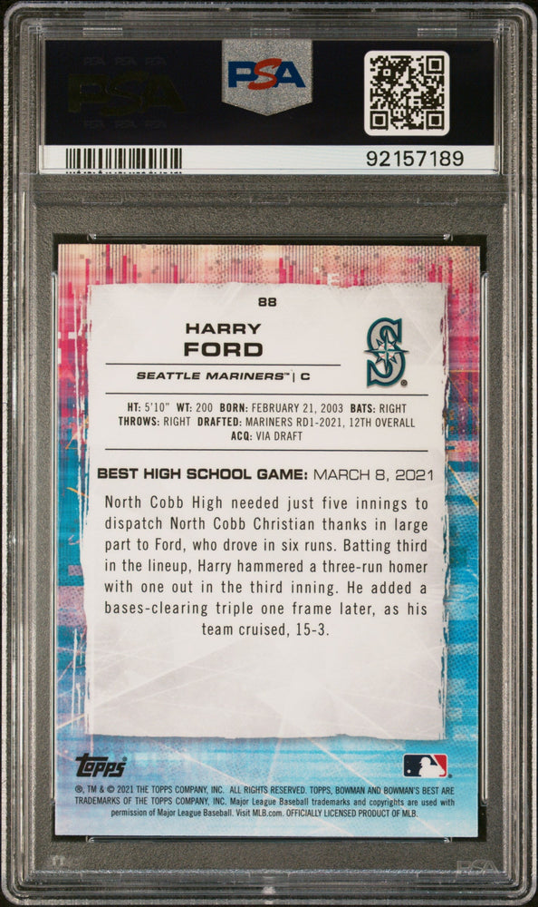 Graded 2021 Topps Bowmans Best Harry Ford #88 Atomic Refractor Rookie RC Baseball Card PSA 10 Gem Mint (ONLINE ORDER ONLY)