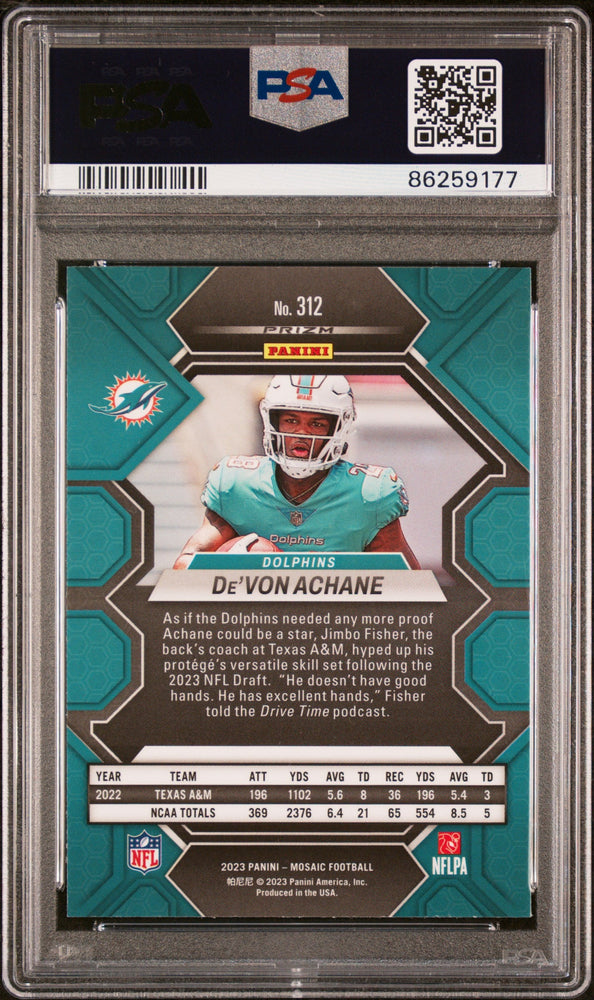 Graded 2023 Panini Mosaic Devon Achane #312 Green Rookie RC Football Card PSA 10 Gem Mint (ONLINE ORDER ONLY)