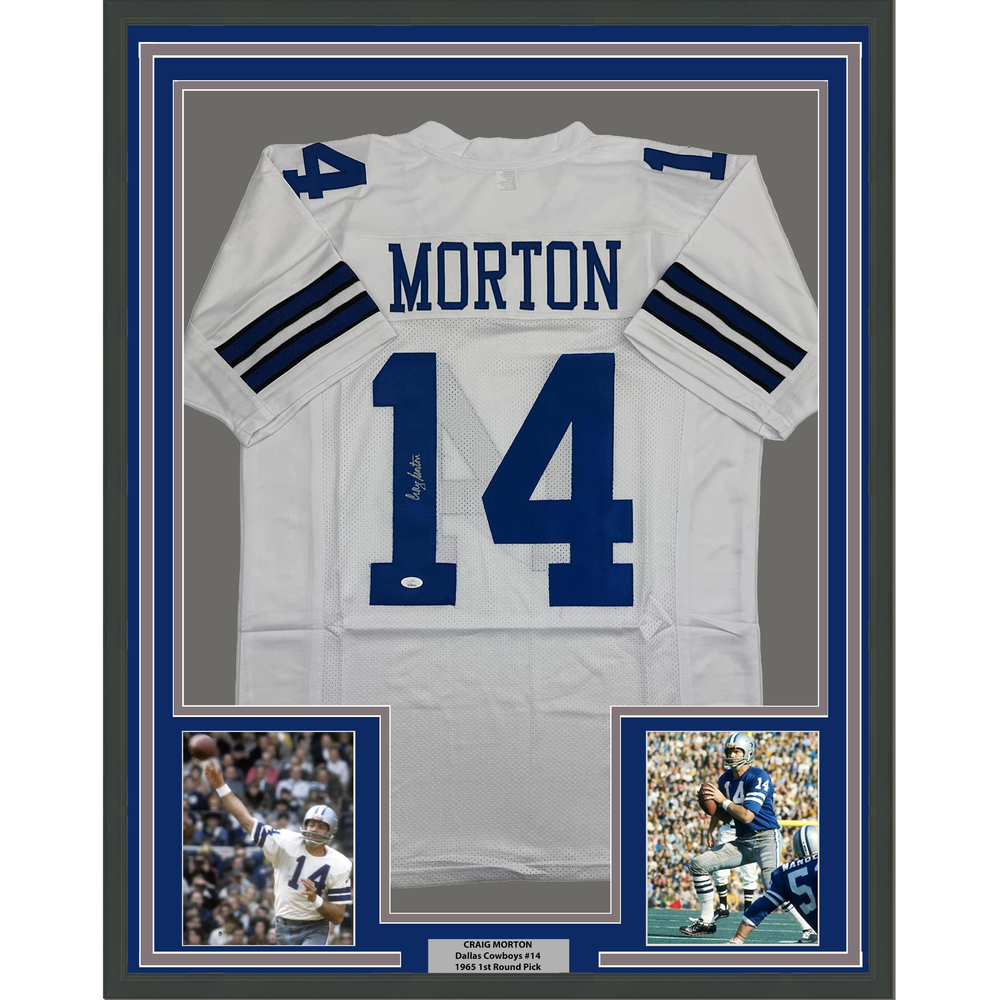Framed Autographed/Signed Craig Morton 35x39 Dallas White Football Jersey JSA COA