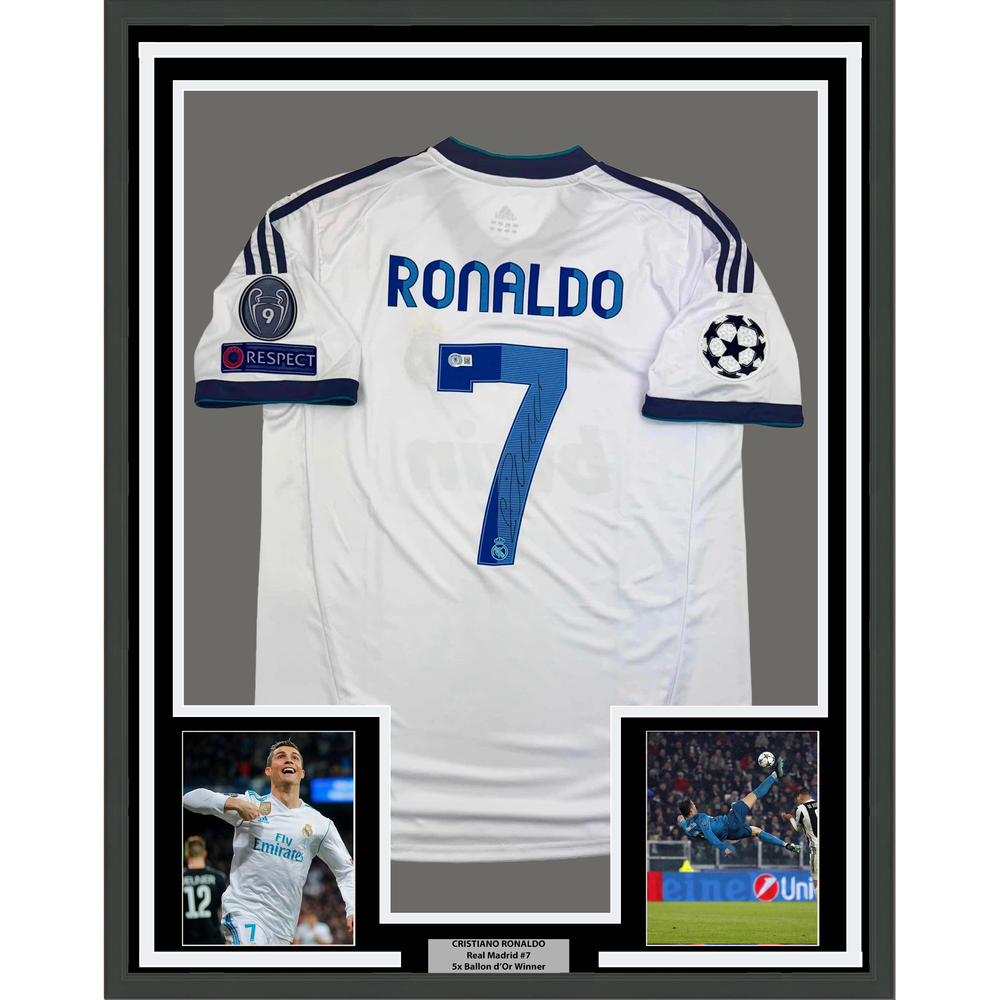 Framed Autographed/Signed Cristiano Ronaldo 35x39 Real Madrid White Soccer Jersey Beckett BAS COA (ONLINE ORDER ONLY)