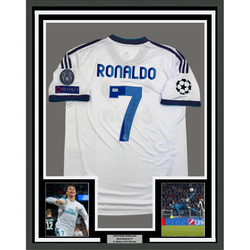 Framed Autographed/Signed Cristiano Ronaldo 35x39 Real Madrid White Soccer Jersey Beckett BAS COA (ONLINE ORDER ONLY)