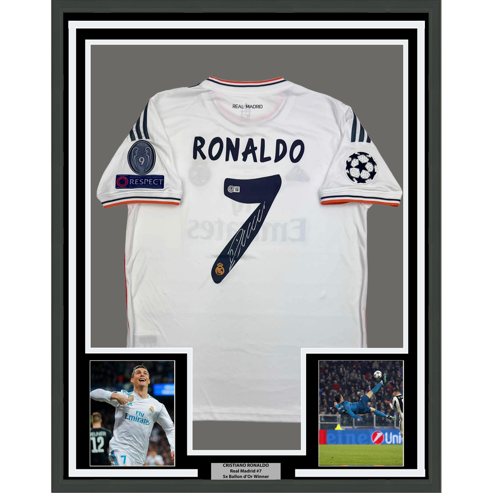 Framed Autographed/Signed Cristiano Ronaldo 35x39 Real Madrid White Soccer Jersey Beckett BAS COA