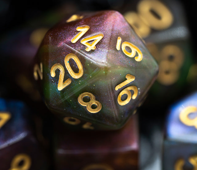 Purple & Green w/gold Galaxy Glitter 7-Dice Set RPG (Online Only)