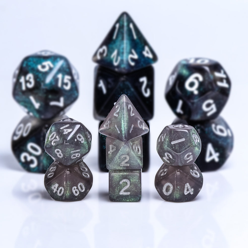 Grey Iridescent 7-Dice Mini-Dice RPG Set w/Silver Numbers Miniature Dice (Online Only)