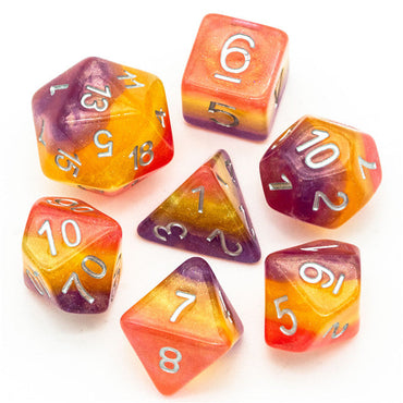 Orange Yellow Purple Glitter Layer 7-Dice Set w/Silver Numbers (Online Only)