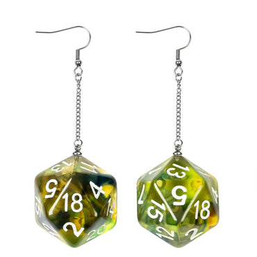 Green Dice Earrings: D20 Dice w/Colorful Inclusion Nerdy RPG Jewelry (Online Only)