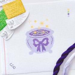 Cotswold Co Designs - Magic Cauldren Halloween Needlepoint Canvas, 18 mesh, 4x4” design, modern trendy needlepoint canvas, bow Halloween needlepoint (ONLINE ORDER ONLY)