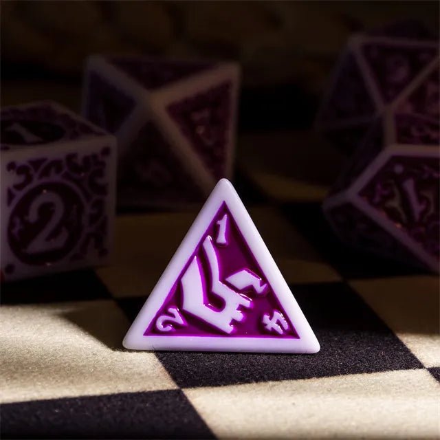 White with Purple rregular Pattern Fill: 7-Piece Acrylic Dice Set (Online Only)