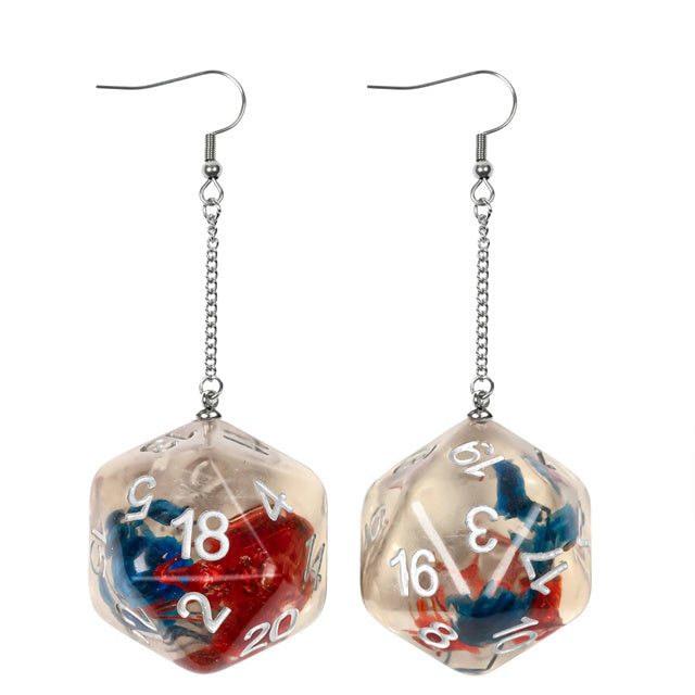 Red/Blue Dice Earrings: D20 Dice w/Colorful Inclusion Nerdy RPG Jewelry (Online Only)