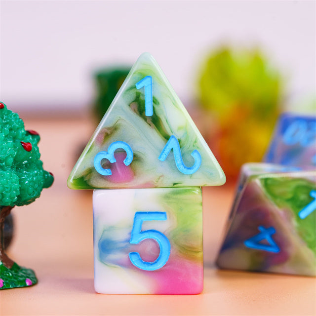 Earthly 4-Color 7-Dice Dnd Dice | Green White Green w/Blue Numbers Set (Online Only)